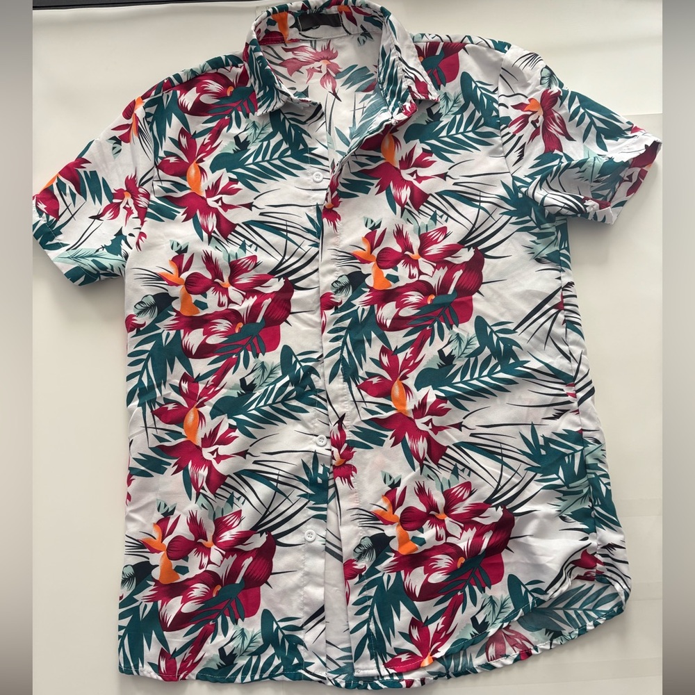 SHEIN Tropical Floral Men's Shirt - Red and Green